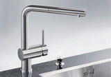 BLANCO Linus-S Single Lever Kitchen Mixer Tap with Pull-Out Spray in Chrome over a Stainless Steel Sink