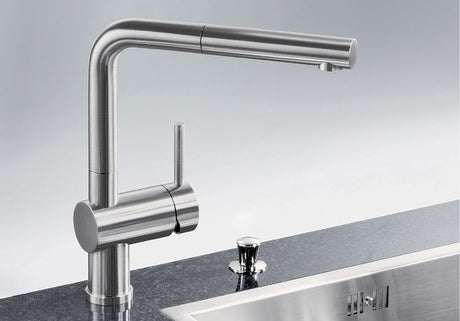 BLANCO Linus-S Single Lever Kitchen Mixer Tap with Pull-Out Spray in Chrome over a Stainless Steel Sink