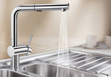 BLANCO Linus-S Vario Single Lever Kitchen Mixer Tap with Pull Out Spray Spray Jet in Use over the Drainer