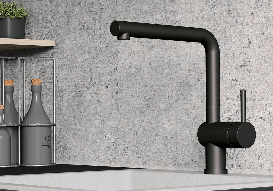 BLANCO Linus Single Lever Kitchen Mixer Tap with 360° Swivel Spout in Black Matt in a Kitchen Setting
