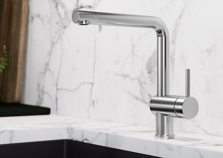 BLANCO Linus Single Lever Kitchen Mixer Tap with 360° Swivel Spout in PVD Steel on a Marble Worktop