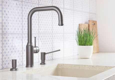 BLANCO Livia-S Single Lever Kitchen Mixer Tap with Pull Down Spray in Anthracite in a Patterned Tile Kitchen
