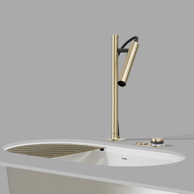 BLANCO Luneoo-S Single Lever Kitchen Mixer Tap with Handspray in Satin Gold with Oovalon Sink