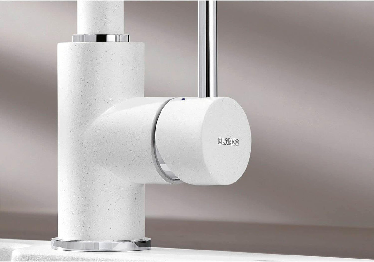BLANCO Mida-S Single Lever Kitchen Mixer Tap with Pull-Down Handspray in White Body and Lever Close-Up
