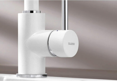 BLANCO Mida-S Single Lever Kitchen Mixer Tap with Pull-Down Handspray in White Body and Lever Close-Up