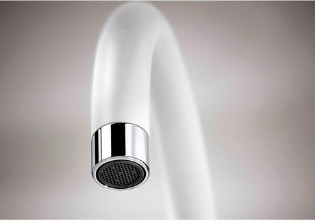 BLANCO Mida-S Single Lever Kitchen Mixer Tap with Pull-Down Handspray in White Spout Aerator Close-Up