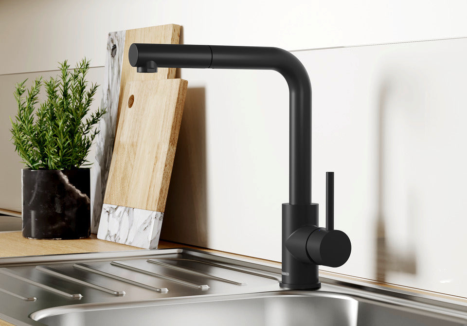 BLANCO Mila-S Single Lever Kitchen Mixer Tap with Pull Out Spray in Black Matt on a Stainless Steel Sink Drainer