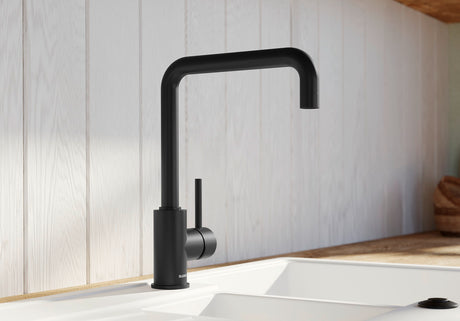 BLANCO Mili Single Lever Kitchen Mixer Tap in Black Matt over a White Sink