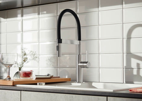 BLANCO Sonea S-Flexo Single Lever Kitchen Mixer Tap with Pull Out Spray in a White Tiled Kitchen