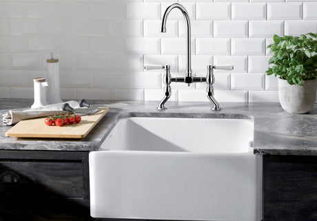 BLANCO Vicus Bridge Twin Lever Kitchen Mixer Tap in Chrome with a Belfast Sink