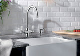 BLANCO Vicus Twin Lever Kitchen Mixer Tap with 360° Swivel Spout in Chrome with a Belfast Sink