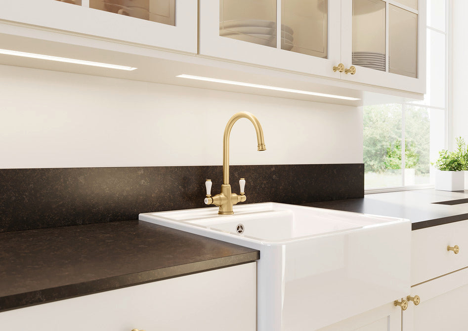 BLANCO Vicus Twin Lever Kitchen Mixer Tap with 360° Swivel Spout in Satin Gold with a Belfast Sink
