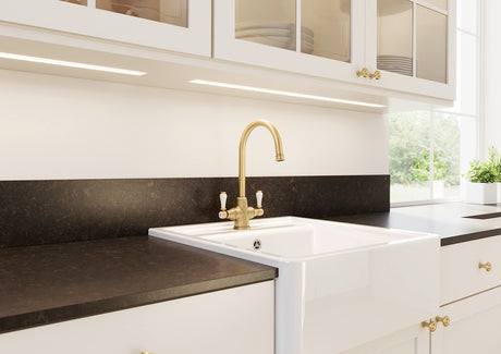 BLANCO Vicus Twin Lever Kitchen Mixer Tap with 360° Swivel Spout in Satin Gold with a Belfast Sink
