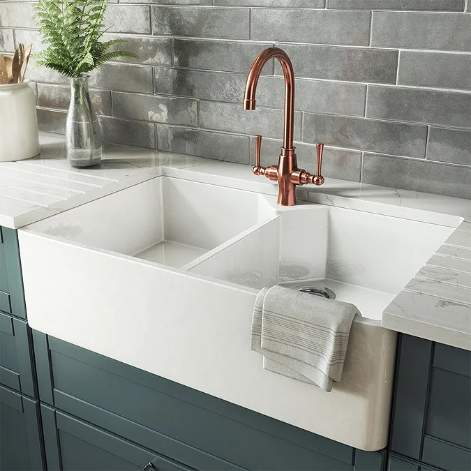Rangemaster Belfast 2.0 Bowl Kitchen Sink in Fire Clay Ceramic with Large Capacity Bowls & Traditional Farmhouse Aesthetic