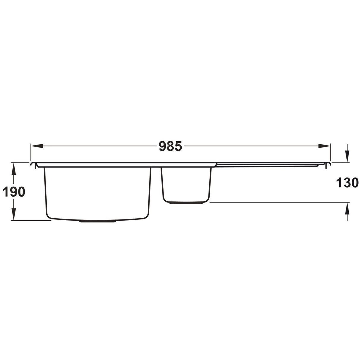Rangemaster Rockford Inset Mount One and Half Bowl Kitchen Sink For 600mm Cabinet in Stainless Steel Right Depth Dimension
