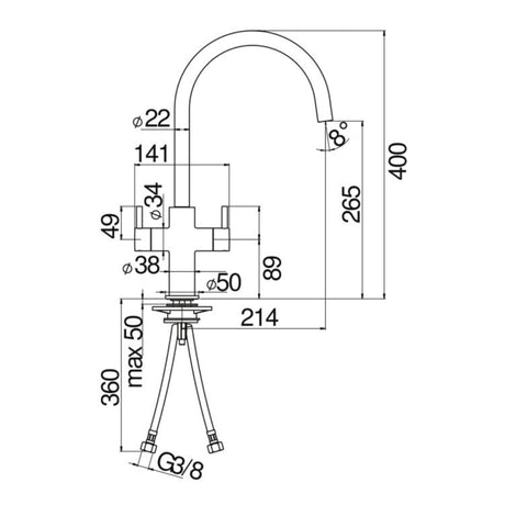 Technical Drawing with Dimensions for Nobili Aquerelli J Spout Kitchen Tap in Chrome