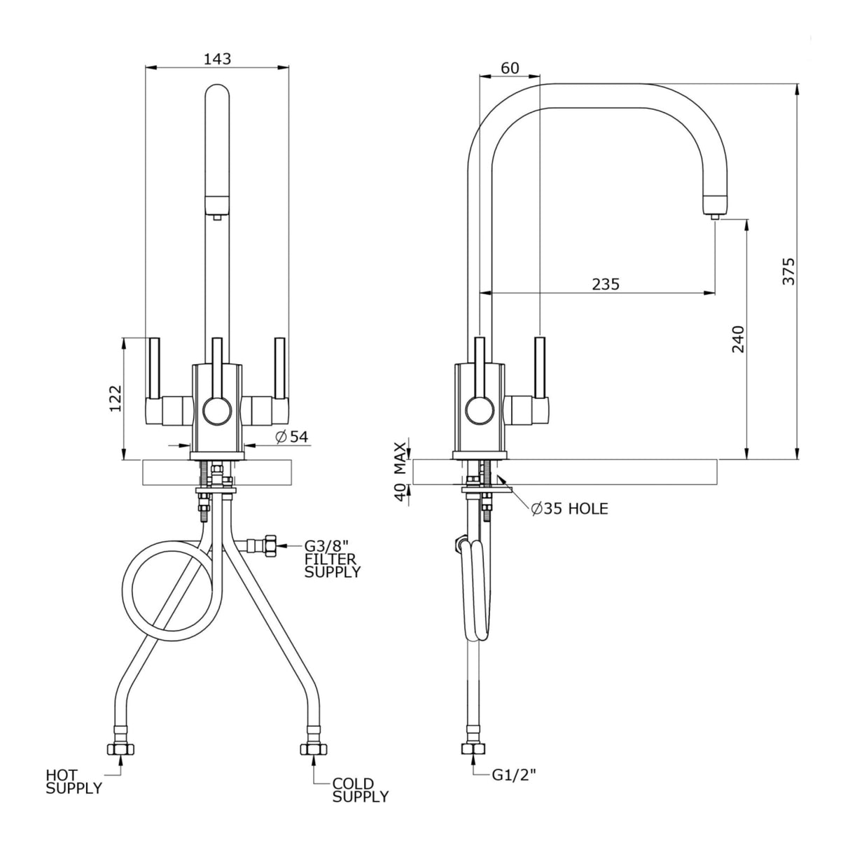 Technical Drawing with Dimensions for Triflow Concepts Original Newton Filtered Tap
