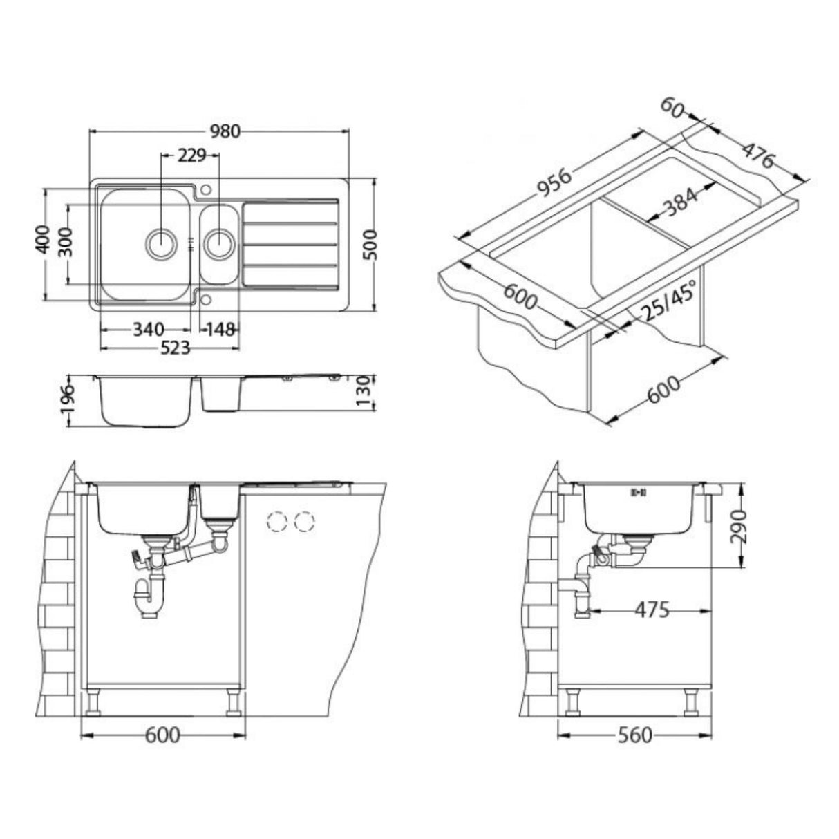 Technical Drawing with Dimensions for Alveus Line Maxim 10 Inset Sink for 600mm Cabinet in One and Half Bowl Stainless Steel