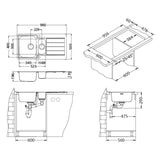 Technical Drawing with Dimensions for Alveus Line Maxim 10 Inset Sink for 600mm Cabinet in One and Half Bowl Stainless Steel