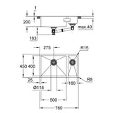 Technical drawing with dimensions for Grohe K700 Undermount One and Half  Bowl Kitchen Sink for 800mm Cabinet in Stainless Steel Satin