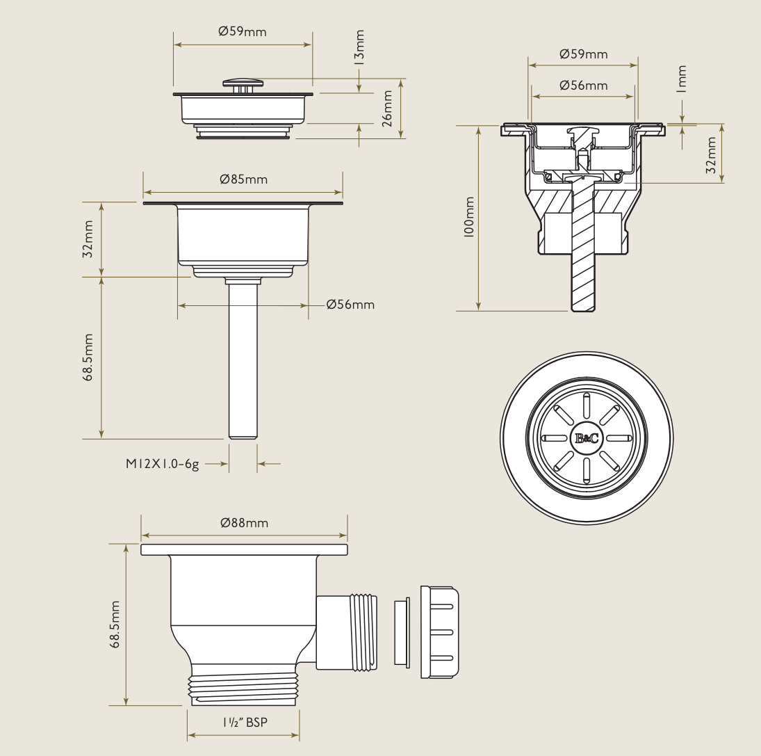 Bidbury & Co. Solid Brass Contemporary Luxury Waste Kit