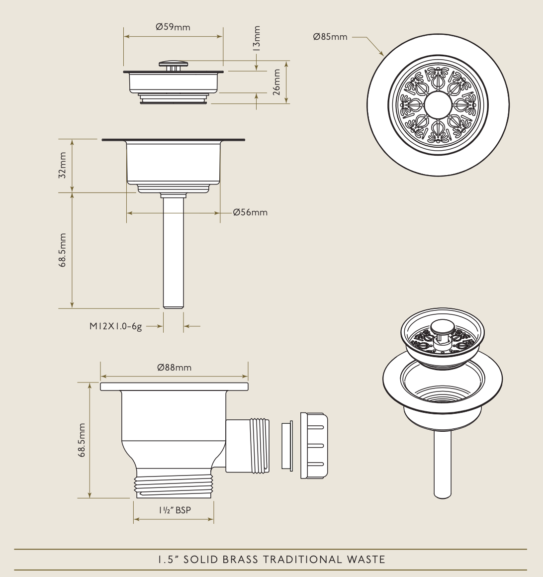 Bidbury & Co. Solid Brass Traditional Luxury Waste Kit