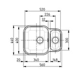 Technical Drawing with Dimensions for Alveus Duo 70 Undermount Sink For 600mm Cabinet in One and Half Bowl Stainless Steel