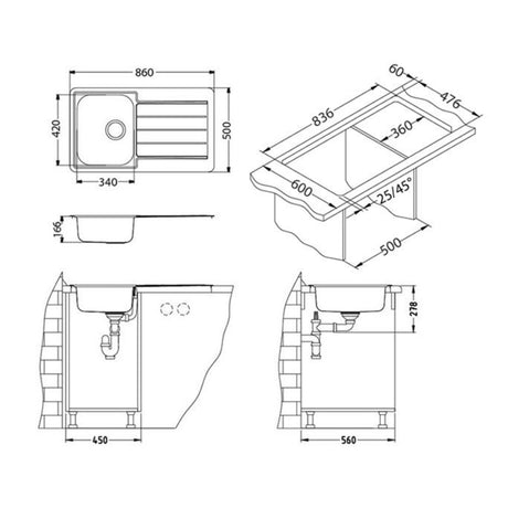 Technical Drawing with Dimensions for Alveus Line 20 Inset Sink for 450mm Cabinet in One and Half Bowl Stainless Steel