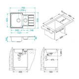 Technical Drawing with Dimensions for Alveus Line 70 Inset Sink For 500mm Cabinet in One and Half Bowl Stainless Steel
