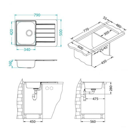 Technical Drawing with Dimensions for Alveus Line 80 Inset Sink for 450mm Cabinet in One and Half Bowl Stainless Steel