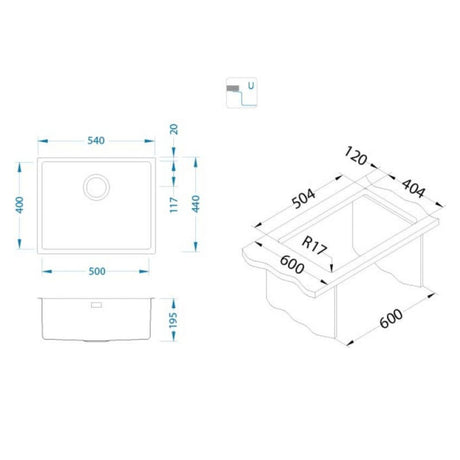Technical drawing with dimensions for Alveus Kombino 50 Undermount Sink For 600mm Cabinet In Single Bowl Stainless Steel