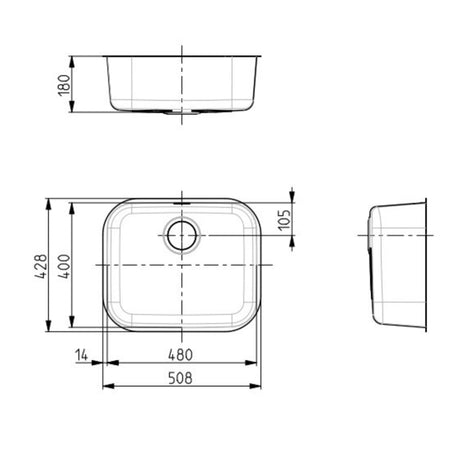 Technical drawing with dimensions for Alveus Monarch Variant 10 Undermount Sink for 800-900mm Cabinet in Single Bowl