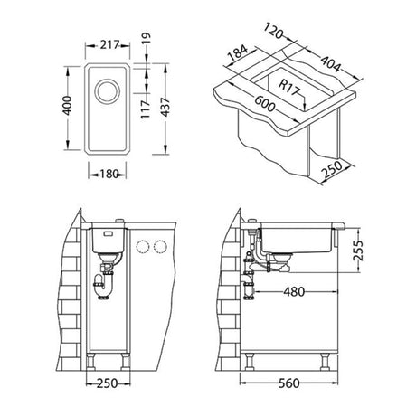 Technical drawing with dimensions for Alveus Monarch Kombino 10 Undermount Sink for 300mm Cabinet in Single Bowl Copper