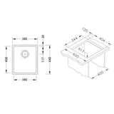 Technical drawing with dimensions for Alveus Monarch Kombino 20 Undermount Sink for 400mm Cabinet in Single Bowl