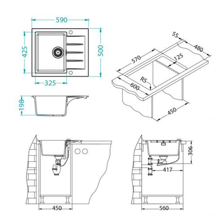 Technical drawing with dimensions for Alveus Cadit 10 Inset Sink for 450mm Cabinet in Single Bowl Single Drainer Arctic
