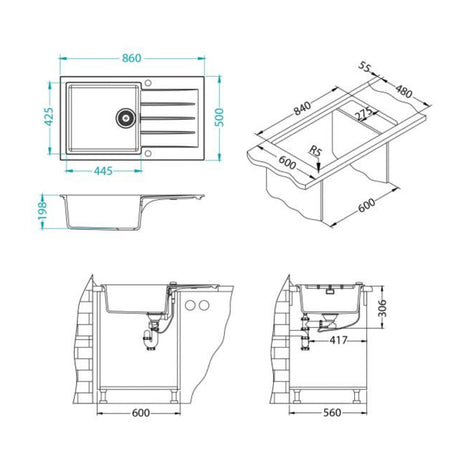 Technical drawing with dimensions for Alveus Cadit 40 Inset Sink for 600mm Cabinet in Single Bowl Single Drainer Arctic
