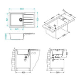 Technical drawing with dimensions for Alveus Cadit 40 Inset Sink for 600mm Cabinet in Single Bowl Single Drainer Carbon