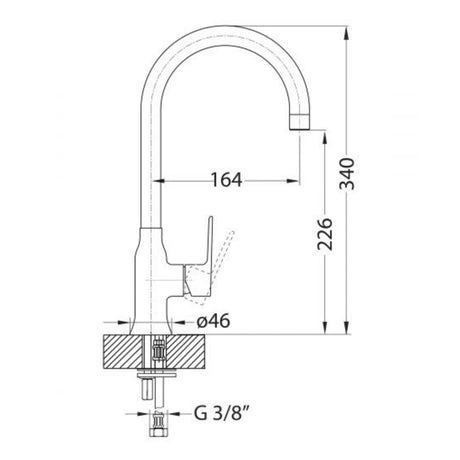 Technical Drawing with Dimensions for Alveus Slim Kitchen Tap with Single Lever Control Life Style