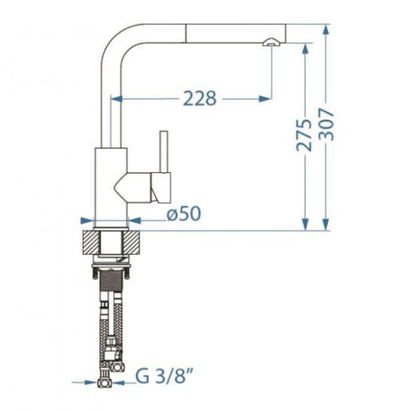 Technical Drawing with Dimensions for for Alveus Zeos-P Monarch Kitchen Mixer Tap Pull-Out with Single Lever Control
