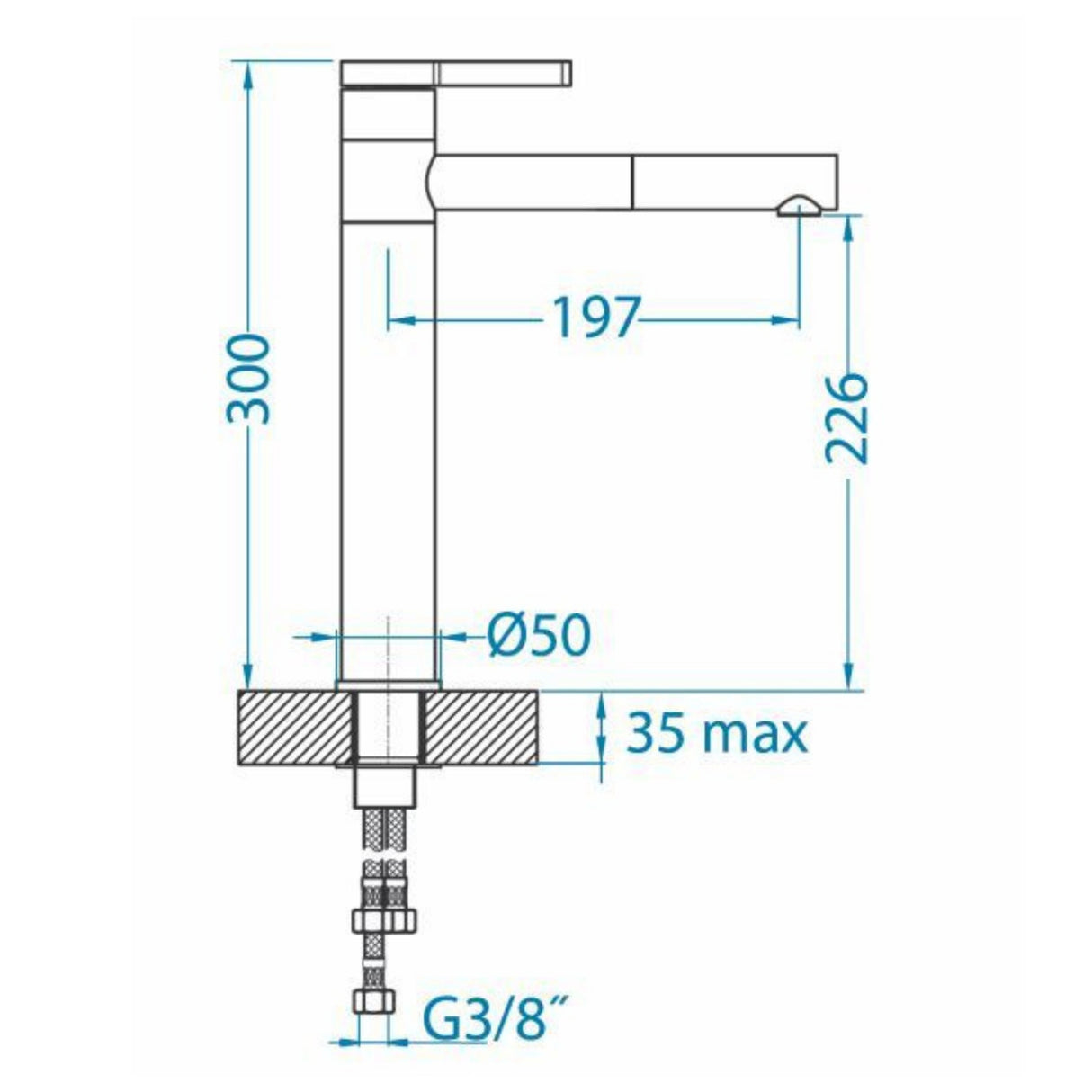 Technical Drawing with Dimensions for Alveus Zina Monarch Kitchen Mixer Tap with Single Lever