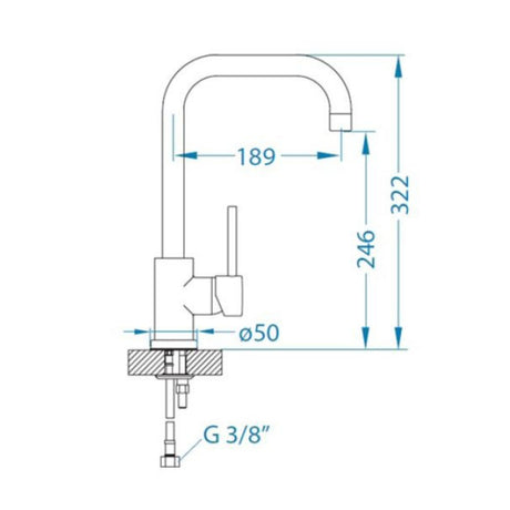 Technical Drawing with Dimensions for Alveus Oz Monarch Kitchen Mixer Tap with Single Lever