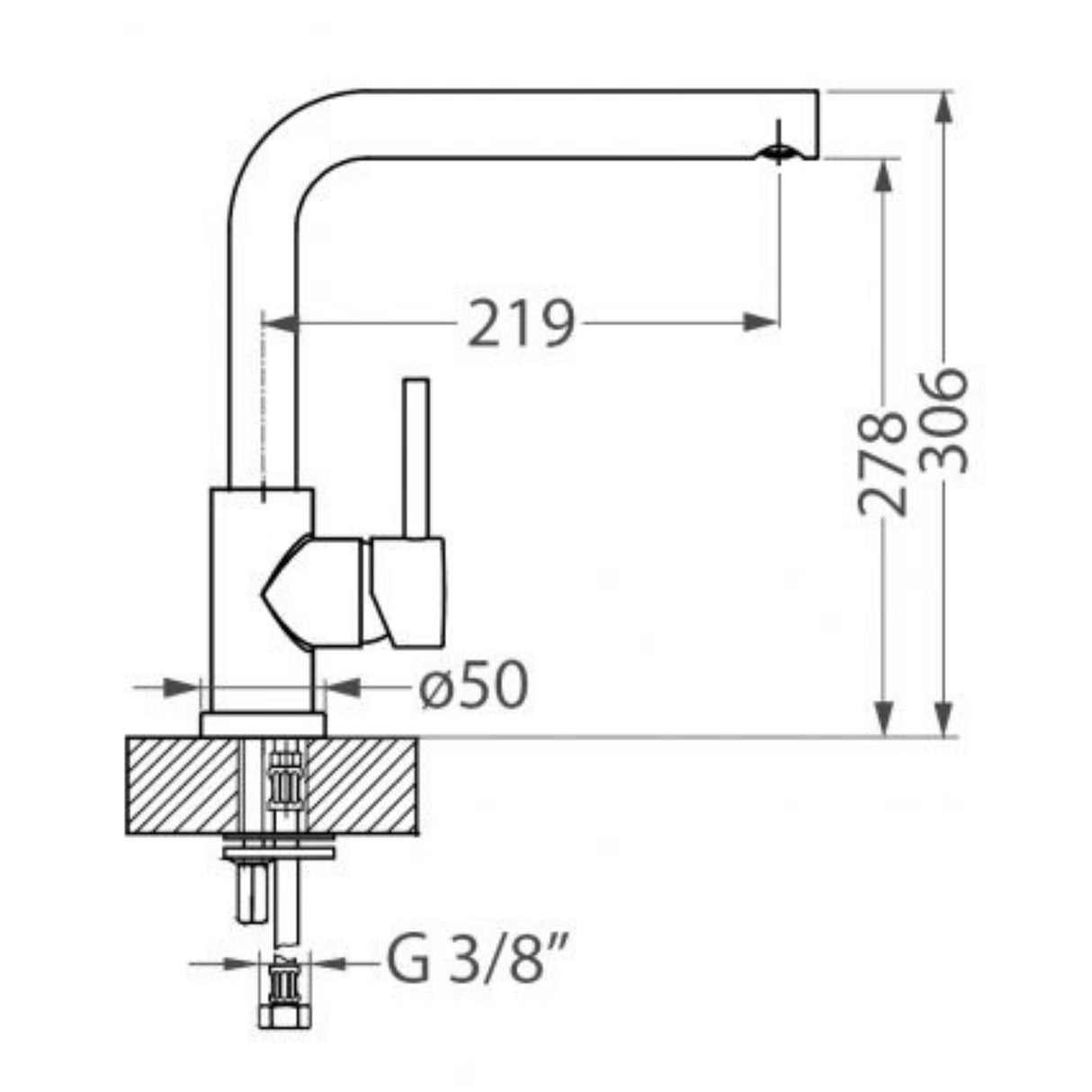 Technical Drawing with Dimensions for Alveus Selma Kitchen Tap in Black & Chrome Finish with Single Lever Mixer