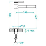 Technical Drawing with Dimensions for Alveus Zina Kitchen Tap in Arctic with Sleek Straight Spout & Effortless Single-Lever Control