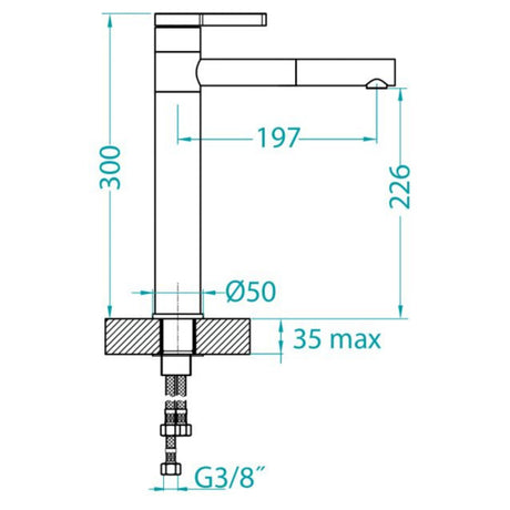 Technical Drawing with Dimensions for Alveus Zina Kitchen Tap in Arctic with Sleek Straight Spout & Effortless Single-Lever Control