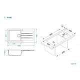 Technical drawing with dimensions for Alveus Cadit 50 Inset Sink for 600mm Cabinet in Single Bowl Single Drainer