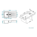 Technical drawing with dimensions for Alveus Cadit 80 Inset Sink for 600mm Cabinet in One and Half Bowl