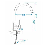 Technical Drawing with Dimensions for Alveus Roxa Kitchen Mixer Tap in Granital Concrete Finish with Single Lever Control