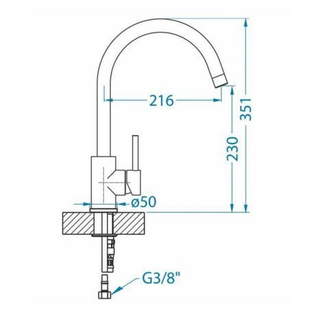 Technical Drawing with Dimensions for Alveus Roxa Kitchen Mixer Tap in Granital Concrete Finish with Single Lever Control