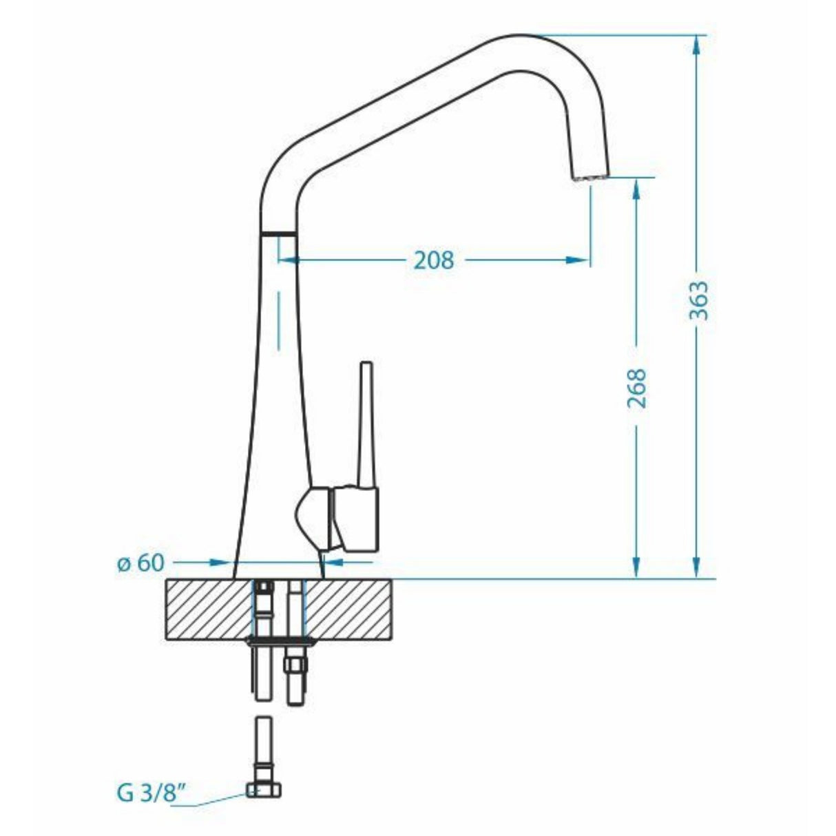 Technical Drawing with Dimensions for Alveus Eden Kitchen Mixer Tap with Elegant High-Arc Spout & Smooth Single-Lever Control