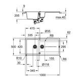 Technical drawing with dimensions for Grohe K400 Inset Mount One and Half Bowl Quartz Composite Kitchen Sink for 600mm Cabinet in Stainless Steel Black
